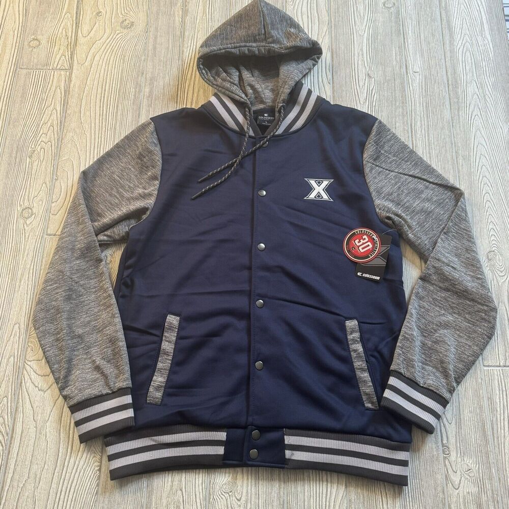 Colosseum Xavier Musketeers Logo Full Snap Hooded Jacket Men’s L Blue Gray New